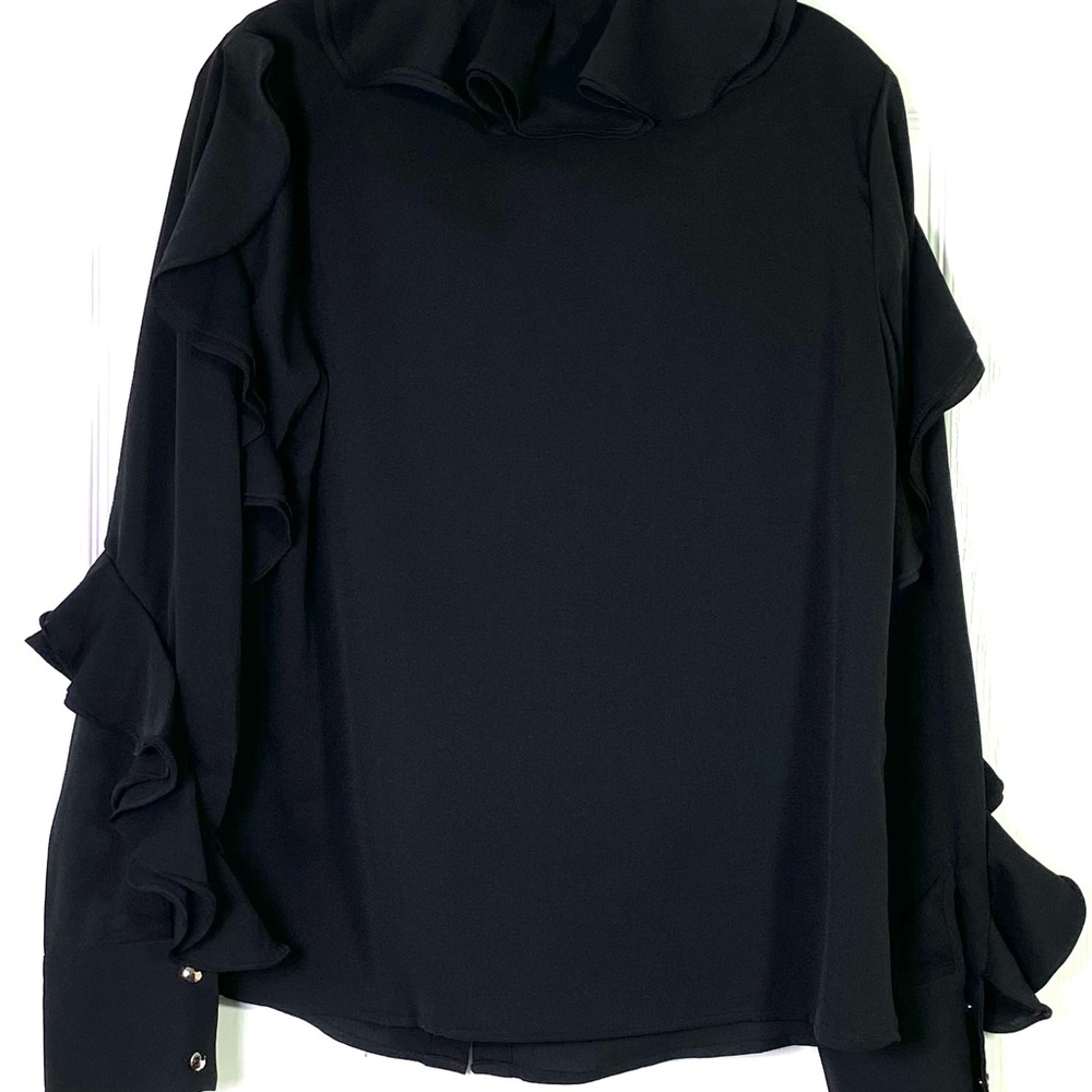 Gracia Black Ruffled PussyBow Tie Neck Button Down Shirt Blouse - Picture 6 of 8